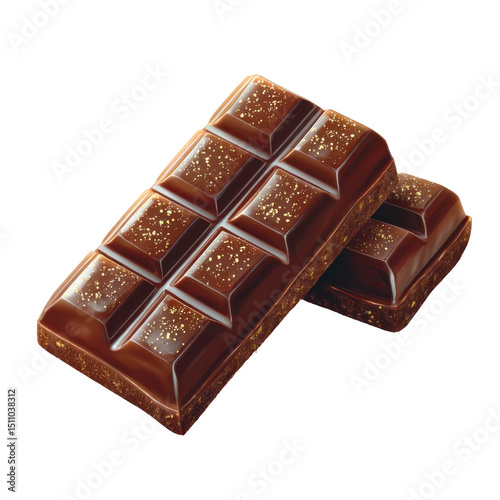Two chocolate bars sprinkled with gold dust on transparent background