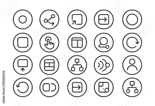 Line style icons of round prototyping interactions: round interaction dot, round click path, round motion plan, round component link, round smart animate, round overlay transition, round drag gesture