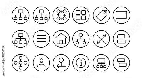 Line style icons of round information architecture: round sitemap icon, round hierarchy icon, round navigation flow, round content grouping, round label tag, round category structure, round menu