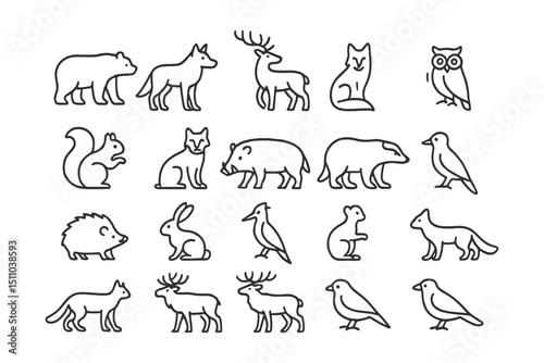 Line style icons of forest animals: bear, wolf, deer, fox, owl, squirrel, lynx, moose, badger, raccoon, hedgehog, wild boar, hare, woodpecker, beaver, marten, elk, reindeer, pine grosbeak, crow.