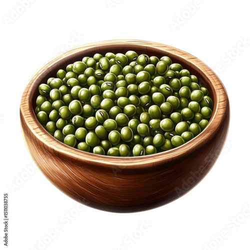 Wooden bowl overflowing with fresh mung beans on transparent background
