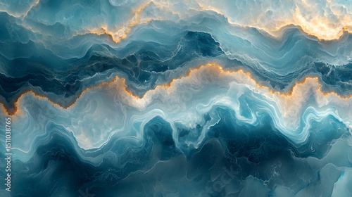 Abstract landscape with flowing waves, glowing edges, and marble imitation in blue tones.