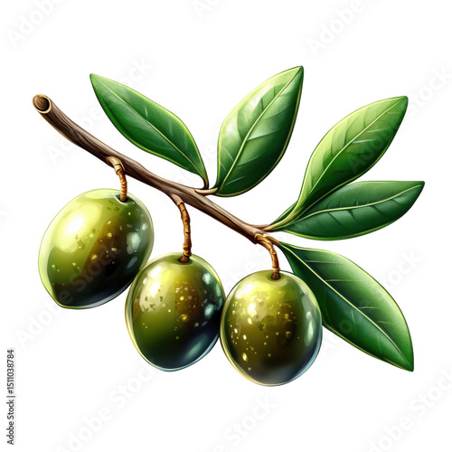 Olive branch with green olives and leaves on transparent background