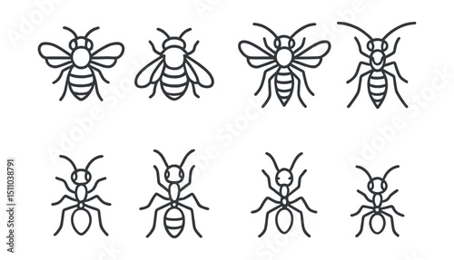 Line style icons of bees, wasps, and ants: honeybee, bumblebee, carpenter bee, hornet, yellowjacket, paper wasp, fire ant, army ant, leafcutter ant, sugar ant.