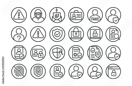 Line style icons of round fraud and financial security: round fraud alert, round scam icon, round phishing badge, round ID theft, round fake account, round suspicious activity, round transaction