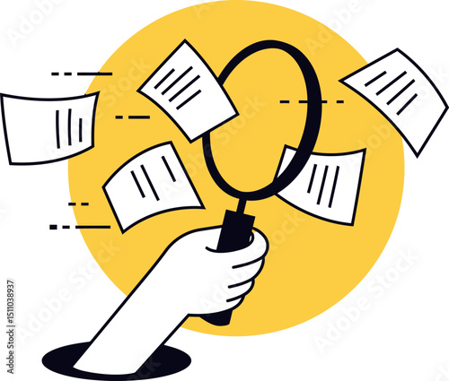 Hand holding magnifying glass searching documents papers files data information analysis research audit review vector art illustration