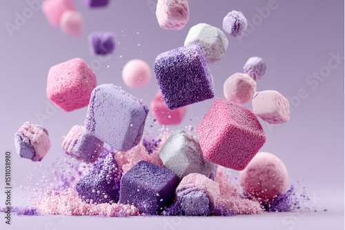 Pastel colored cubes and spheres floating above a pile of powder on a light purple background scene