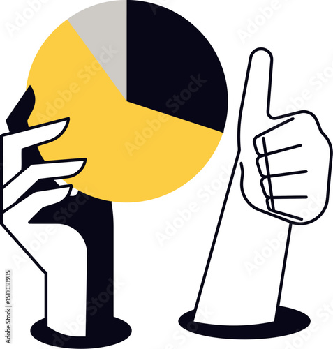 Pie chart data analysis hand thumbs up success business report presentation information diagram graphic 100 vector art illustration