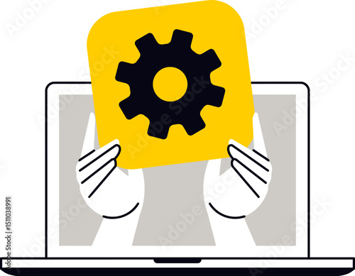 Laptop settings configuration gear icon hands holding system preferences control panel customization options vector art illustration