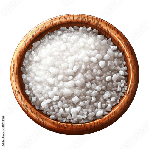 Wooden bowl brimming with coarse sea salt on transparent background