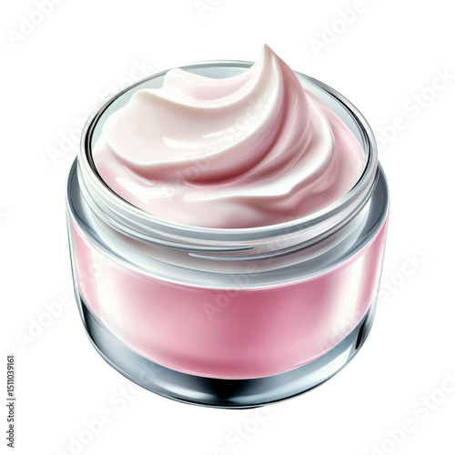 Pink moisturizing cream swirling in a glass jar on transparent background