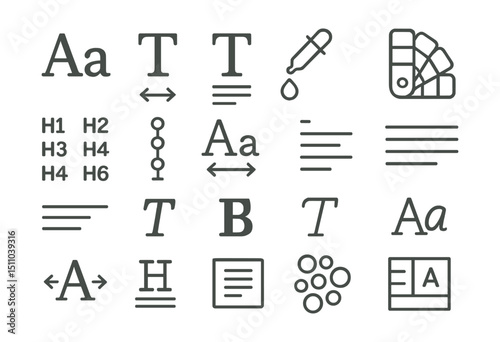Line style icons of color and typography: font family, font size, text weight, color picker, color palette, H1-H6 tags, type scale, line height, text alignment, italic icon, bold icon, underline icon