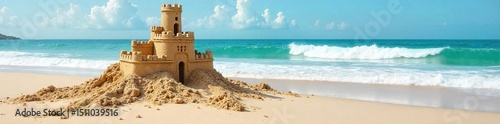A sandcastle crumbles dramatically into the ocean waves, leaving behind a tiny moat and a comical, lopsided tower Perfect for summer, vacation, and humorous seaside imagery , silly, shoreline