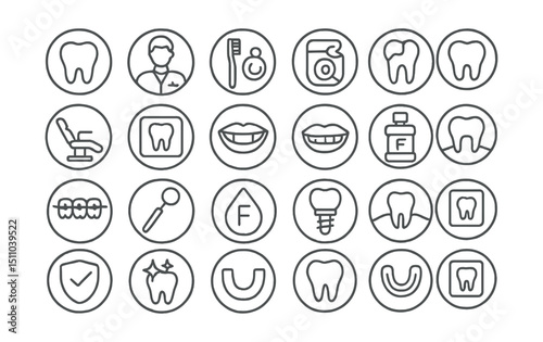 Line style icons of round dental care: round tooth icon, round dentist badge, round toothbrush icon, round dental floss, round cavity icon, round dental chair, round X-ray tooth, round dental mirror,