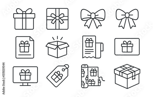 Line style icons of gift and packaging: gift box, gift wrapping, present icon, bow ribbon, gift message, surprise box, gift receipt, gift card, eGift icon, gift tag, wrapping paper, holiday package,