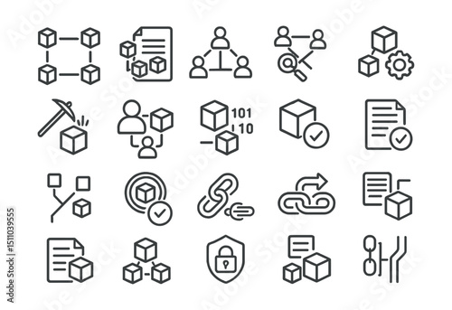 Line style icons of blockchain technology: blockchain structure, distributed ledger, peer-to-peer icon, consensus mechanism, mining process, validator node, block explorer, proof of work, proof of