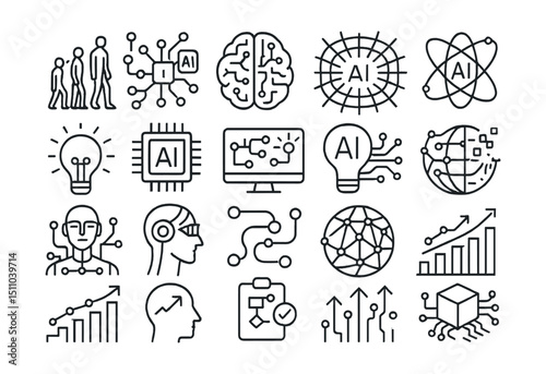 Line style icons of AI future and innovation: AI evolution, next-gen algorithm, future brain, digital singularity, AI orbit, innovation spark, quantum AI, futuristic interface, AI lightbulb, AI