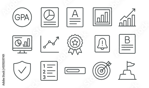 Line style icons of academic performance tracking: GPA icon, score breakdown, subject report, semester average, improvement icon, academic dashboard, grade trend, achievement unlock, learning alert,