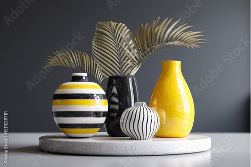 Still life of vases with striped patterns and palm fronds arranged on a circular platform against gray wall