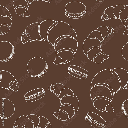Croissants and macarons line drawing. Bakery sweet products doodle. Beige seamless pattern. Vector brown background with line icons. Croissant texture for package, wallpaper confectionery, textile.