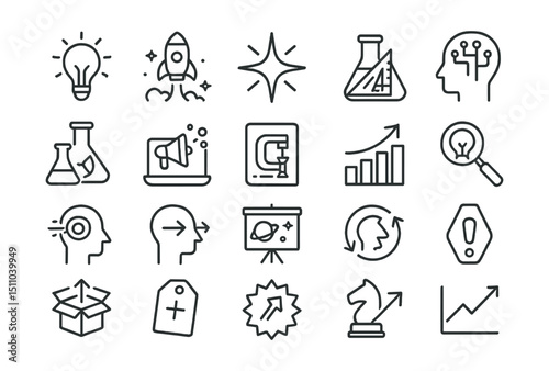 Line style icons of innovation and creativity: innovation lightbulb, creative boost, spark icon, design experiment, digital innovation, marketing lab, prototype icon, growth hack, idea test, vision