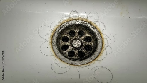 Hair strands collected around a bathroom sink drain 