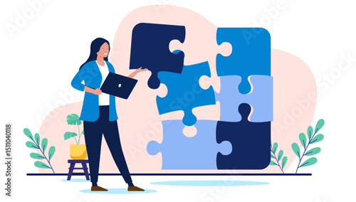 Businesswoman solving a large puzzle, symbolising problem-solving, strategic thinking, finding solutions, and integrating business concepts for success. Flat design vector illustration