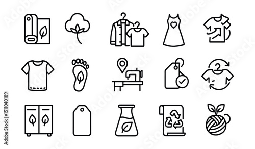 Line style icons of sustainable fashion: eco textile, organic cotton, secondhand clothes, slow fashion, upcycled garment, fashion footprint, local production, fair trade label, clothes swap, green