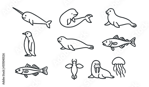 Line style icons of polar sea life: narwhal, beluga, leopard seal, emperor penguin, crabeater seal, Arctic cod, icefish, sea angel, walrus, Arctic jellyfish.