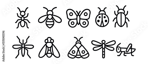 Line style icons of common insects: ant, bee, butterfly, ladybug, beetle, mosquito, fly, moth, dragonfly, grasshopper.