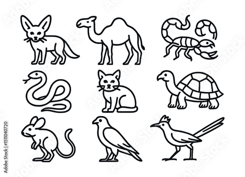Line style icons of animals in the desert biome: fennec fox, camel, scorpion, horned viper, sand cat, desert tortoise, jerboa, hawk, lizard, roadrunner.