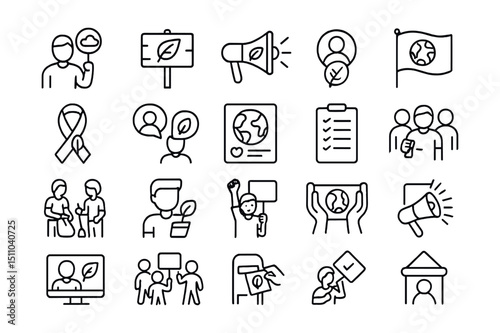 Line style icons of environmental activism and awareness: climate protest, eco signboard, green campaign, volunteer badge, earth flag, awareness ribbon, eco influencer, sustainability post, green