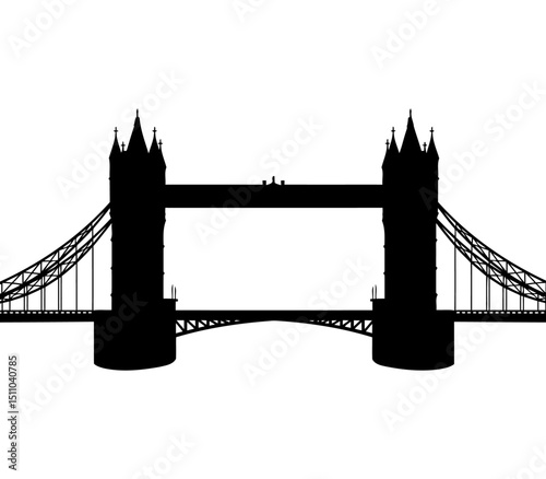 iconic London Tower Bridge dark silhouette with sunburst rays behind it, with white background
