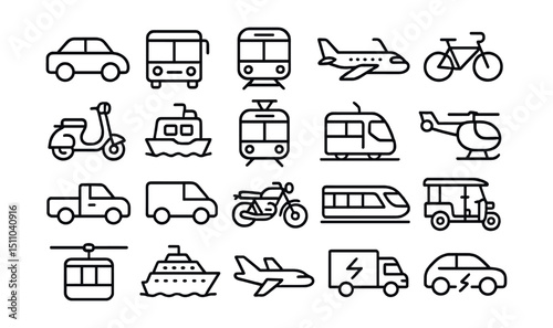 Line style icons of general transportation types: car icon, bus icon, train icon, airplane icon, bicycle icon, scooter icon, boat icon, tram icon, subway icon, helicopter icon, pickup truck, van icon