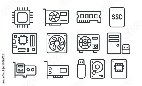Line style icons of computer hardware: CPU icon, GPU icon, RAM chip, SSD drive, motherboard, cooling fan, PSU icon, computer case, I/O ports, sound card, USB stick, hard drive, expansion slot,