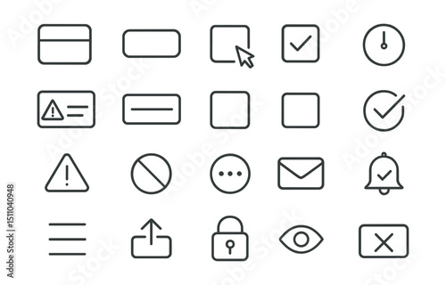 Line style icons of UI states: active tab, disabled button, hover state, selected checkbox, loading state, error field, success field, focused input, empty state, completed task, warning state,