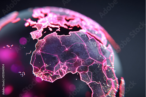 Close up of a digital globe with pink outlines showing africa and europe against a dark background