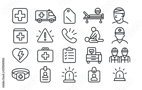 Line style icons of emergency and urgent care: emergency cross, ambulance icon, triage tag, ER bed, trauma icon, urgent care file, rescue alert, emergency call, CPR icon, first responder,