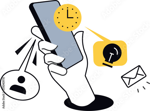 Phone clock idea time hand mobile notification reminder schedule app productivity concept vector design vector art illustration