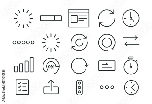 Line style icons of loading and progress: loading spinner, progress bar, skeleton screen, refresh icon, uploading dots, buffering icon, sync icon, clock loader, step tracker, loading percentage,
