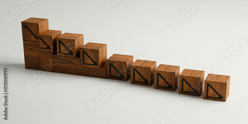 Wooden blocks arranged in a descending staircase pattern with downward arrow symbols on a white background
