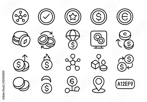 Line style icons of digital assets and tokens: utility token, governance token, reward token, stablecoin icon, wrapped asset, token exchange, airdrop icon, token balance, token value, mint token,