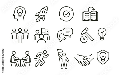 Line style icons of startup culture and values: startup mindset, fail fast icon, agile culture, learning loop, flat hierarchy, shared vision, open feedback, maker time, collaboration icon, early