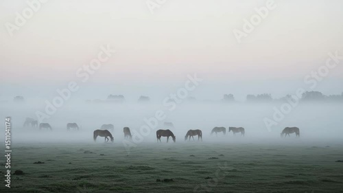 Horses grazing in foggy field during early morning light  