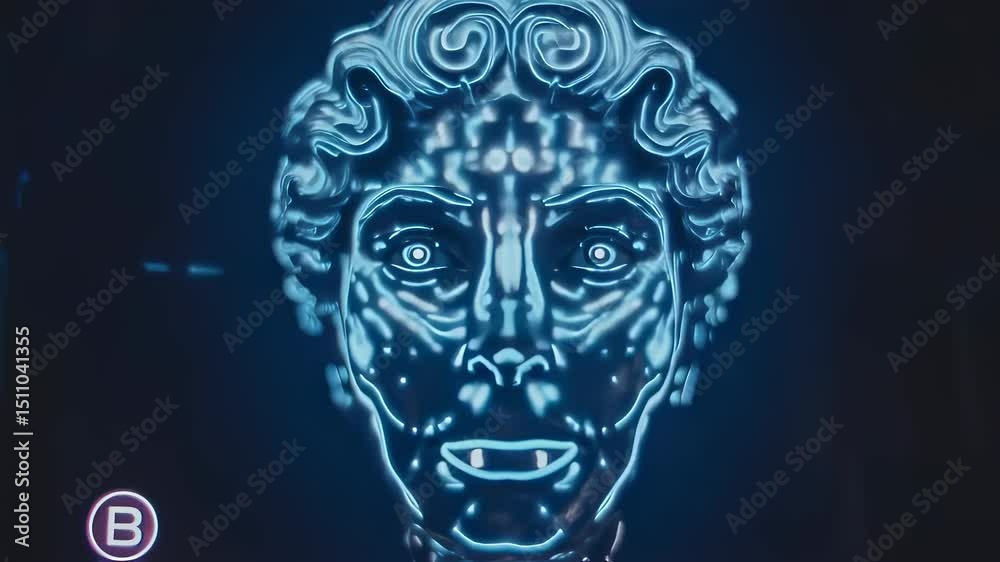Close-up animation shows a stylized human face, like a classical statue, rendered in vibrant blue neon. It morphs with digital effects against a dark background, with a Bitcoin symbol present. Close-up animation shows a stylized human face, like a classical statue, rendered in vibrant blue neon. It morphs with digital effects against a dark background, with a Bitcoin symbol present.