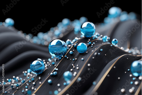 A close up of blue spheres and small white spheres on a black wavy surface with gold accents around them