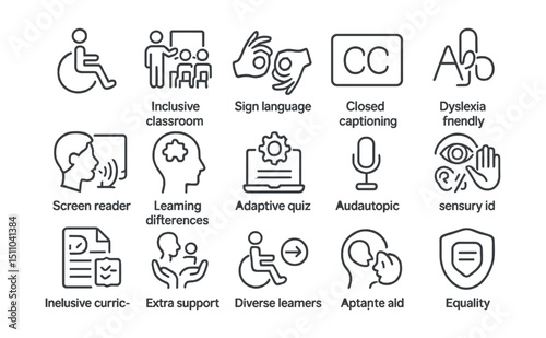 Line style icons of inclusive education: accessibility icon, inclusive classroom, sign language icon, closed captions, dyslexia-friendly, screen reader access, learning difference, assistive tech,