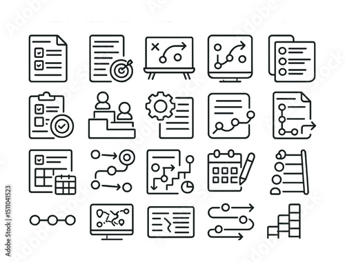 Line style icons of education planning and strategy: lesson plan, course outline, strategy board, learning roadmap, syllabus icon, academic goals, learning phases, course setup, teaching strategy,