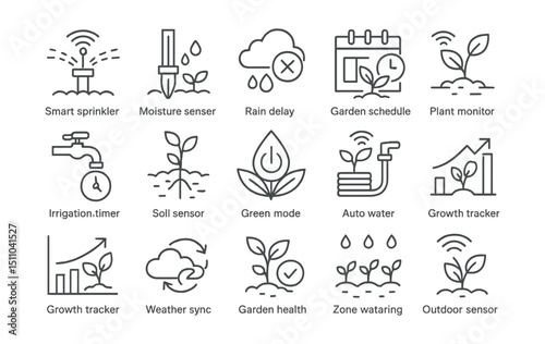 Line style icons of smart irrigation and gardening: smart sprinkler, moisture sensor, rain delay, garden schedule, plant monitor, irrigation timer, soil sensor, green mode, smart hose, auto water,