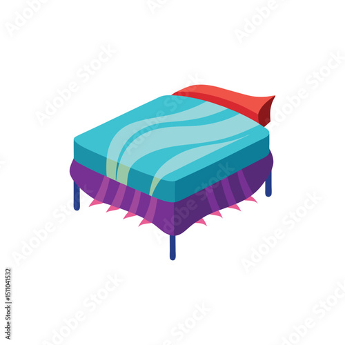 Vector art of Isometric bed with blue sheets and red pillow isolated on white background